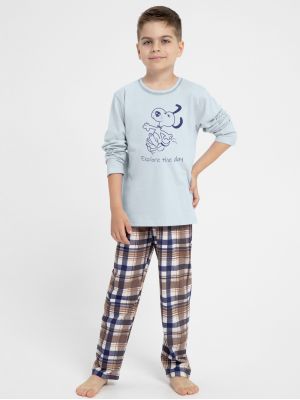 На картинке изображено - Детская хлопковая пижама / домашний комплект для мальчика: кофта с забавным принтом на груди и штаны в клетку Taro 3085 Parker 122-140 | фото 1