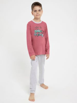 Детская хлопковая двухцветная пижама / домашний комплект для мальчика: кофта с забавным принтом на груди и длинные штаны Taro 3087 Sammy 122-140