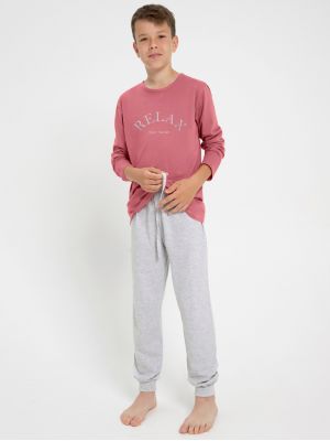 Детская хлопковая двухцветная пижама / домашний комплект для мальчика подростка: кофта с принтом на груди и длинные штаны Taro 3090 Sammy 146-158