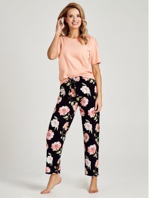 На картинці зображено - Жіноча піжама / домашній комплект з якісної бавовни: однотонна футболка та штани з квітковим принтом Taro 3097 Margot | фото 1