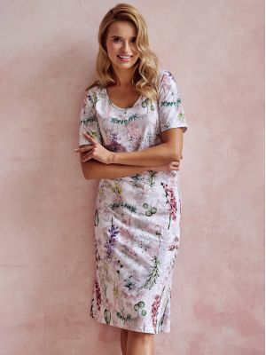 Женская удлинённая ночная рубашка / домашнее платье из нежного хлопка с растительным принтом и разрезами Taro Olive 3124