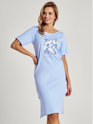 Женская удлинённая хлопковая ночная рубашка / домашнее платье с разрезами и цветочным принтом на груди Taro Viviana 3139