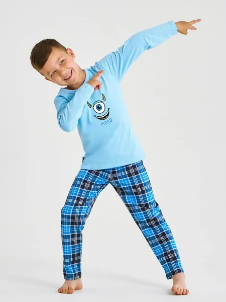 Cotton autumn-winter pajamas with funny print on sweatshirt and checkered pants for boy Taro 3499 Joel 92-116