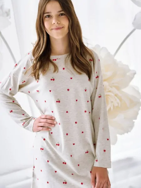 Cotton nightgown for teenage girls, long sleeves, grey melange with rounded hem Taro 3504 Adele 146-158