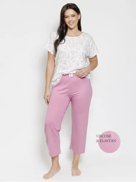 Women's Cotton Pyjama Set with Botanical Print and Viscose 7/8 Trousers Taro 3563 Mariella