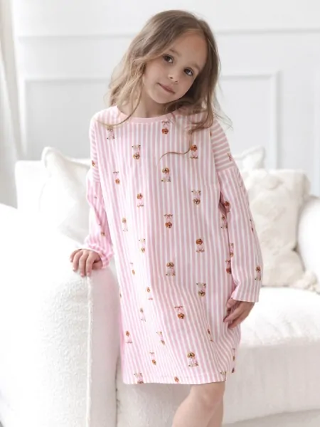 Taro 3646 Nola Girls' Nightdress 104-140 – Vertical Stripes with a Playful Puppy Print