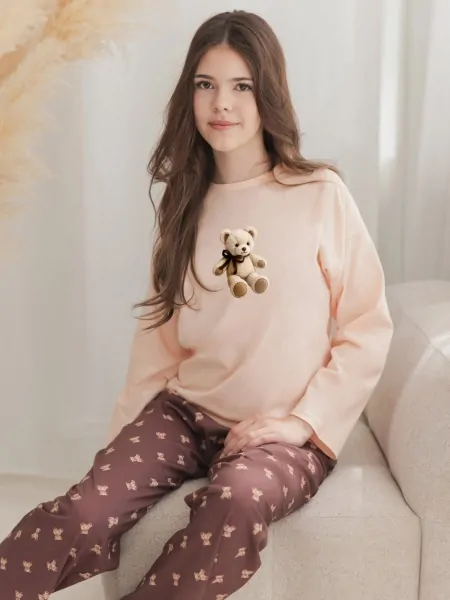 Taro 3678 Lumi Girls' Pyjama Set – Long Sleeves, Bear-Print Trousers and Top, 146-158