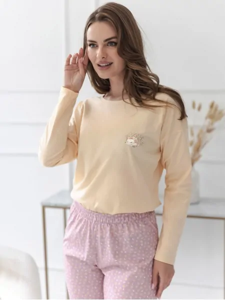 Піжама жіноча довга Taro 3617 Marigold S-XL - пастельно-жовта футболка та рожеві візерунчасті штани