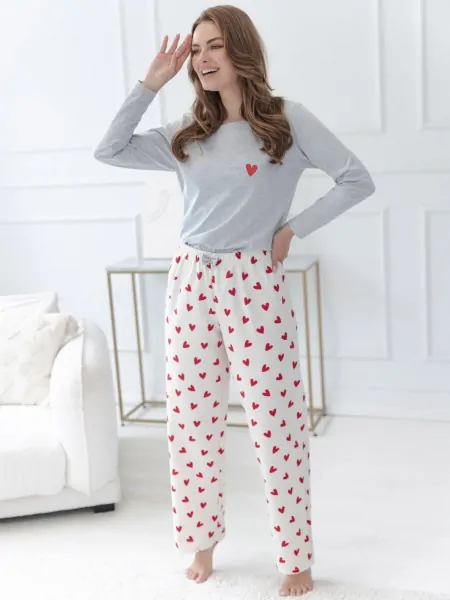 Піжама жіноча довга Taro 3624 Corin S-XL - меланжева футболка та кремові штани з чевоними сердцями