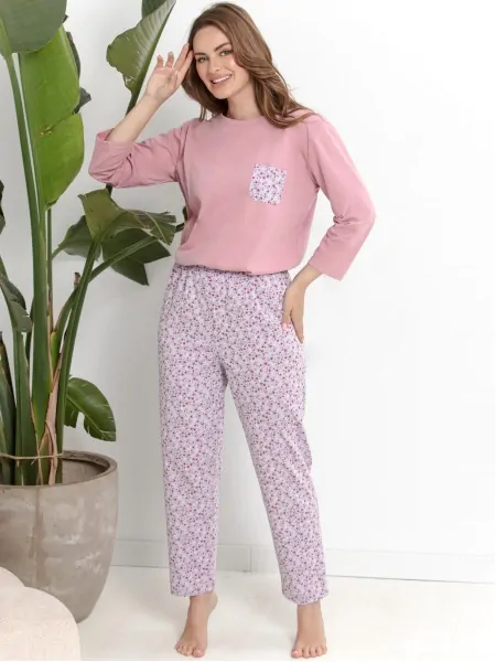 Піжама жіноча Taro 3629 Agnessa S-XL - темно-рожева футболка та штани з рясним квітковим принтом