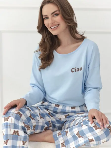 На картинці зображено - Піжама жіноча Taro 3631 Freja S-XL, штани в клітинку з ведмедиками | фото 1
