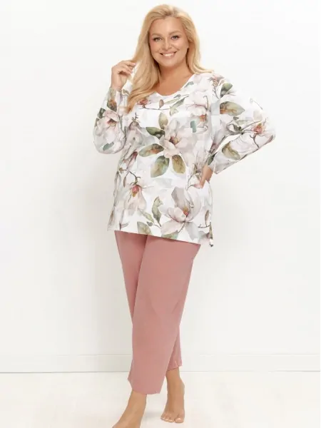 На картинці зображено - Піжама жіноча Taro 3652 Denisa 2XL-4XL, крупний квітковий принт на кофті | фото 1