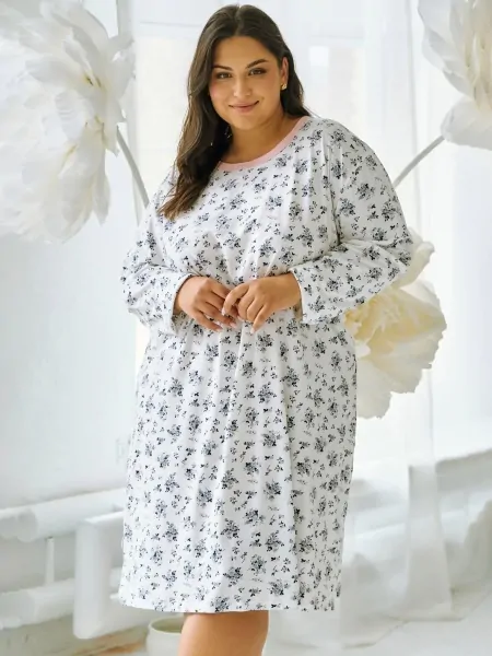 Women's Warm Cotton Nightgown in Size 2XL-4XL with Long Sleeves Taro 3467 Martina