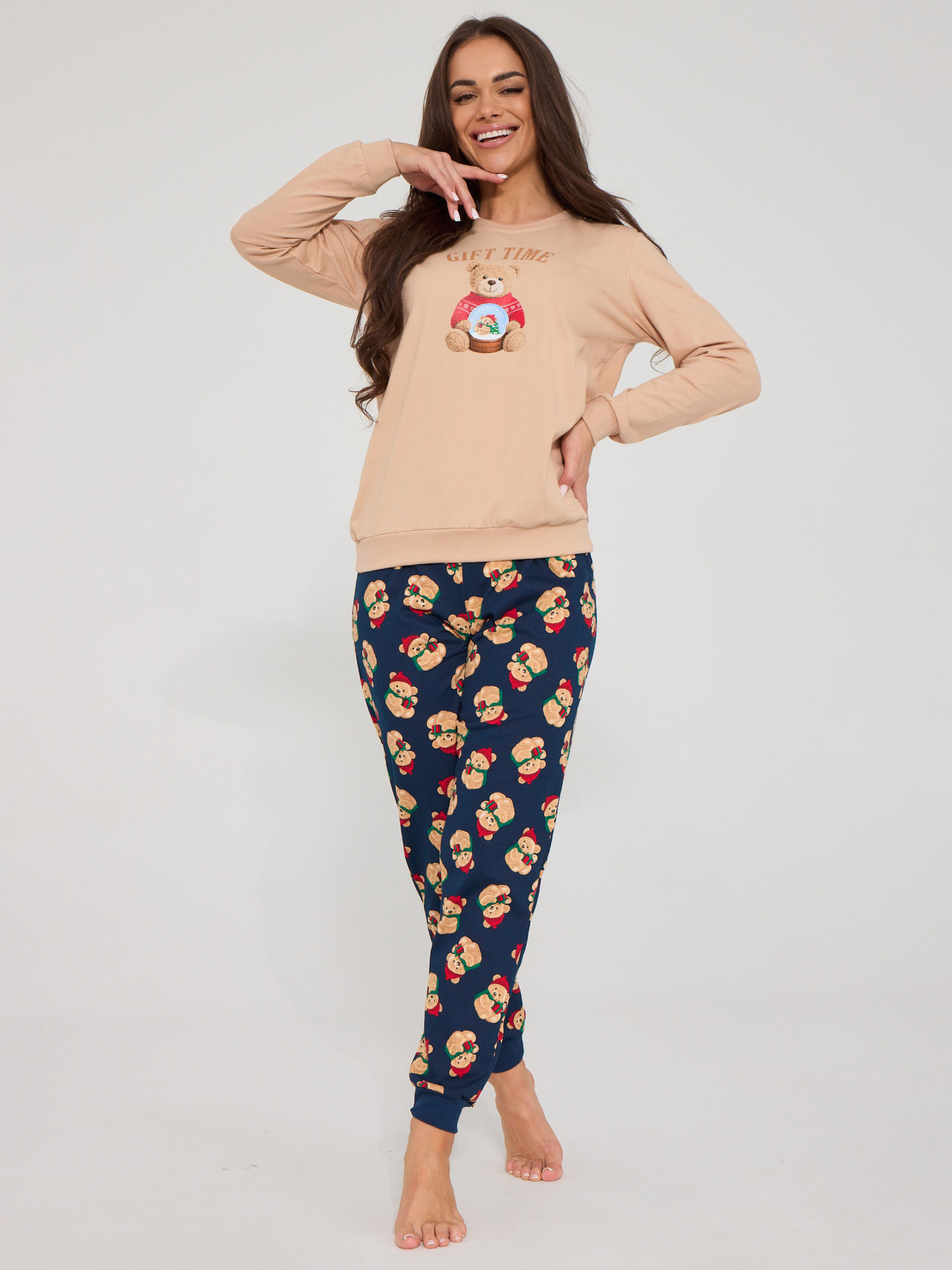 Cornette Gift Time DR 671/479 Women's Pajama Set - Bear-Print Top with Joggers, Beige Cornette Gift Time DR 671/479 Women's Pajama Set - Bear-Print Top with Joggers, Beige