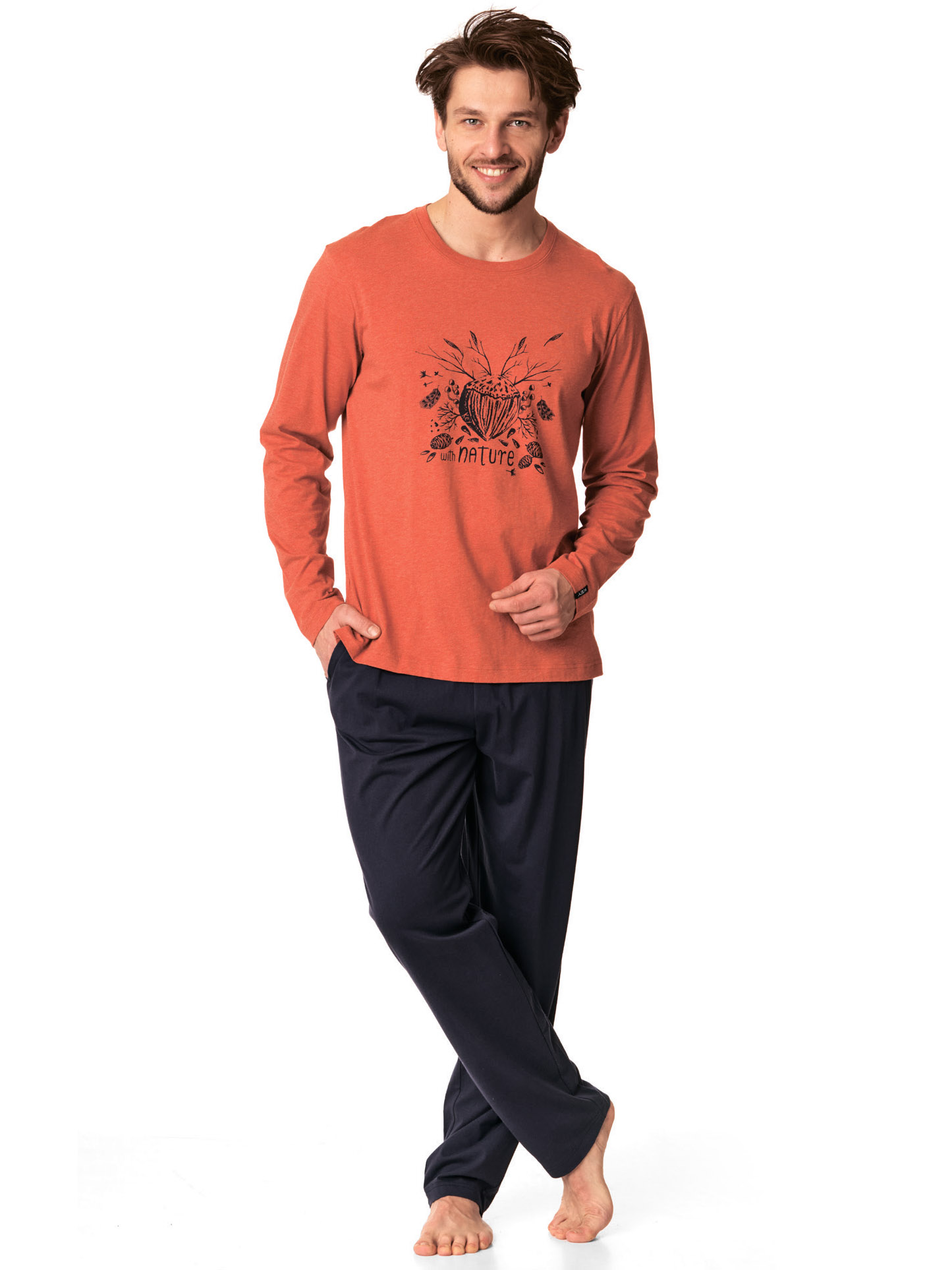 Men's warm cotton pajamas / long sleeve home set Key MNS 860 B22